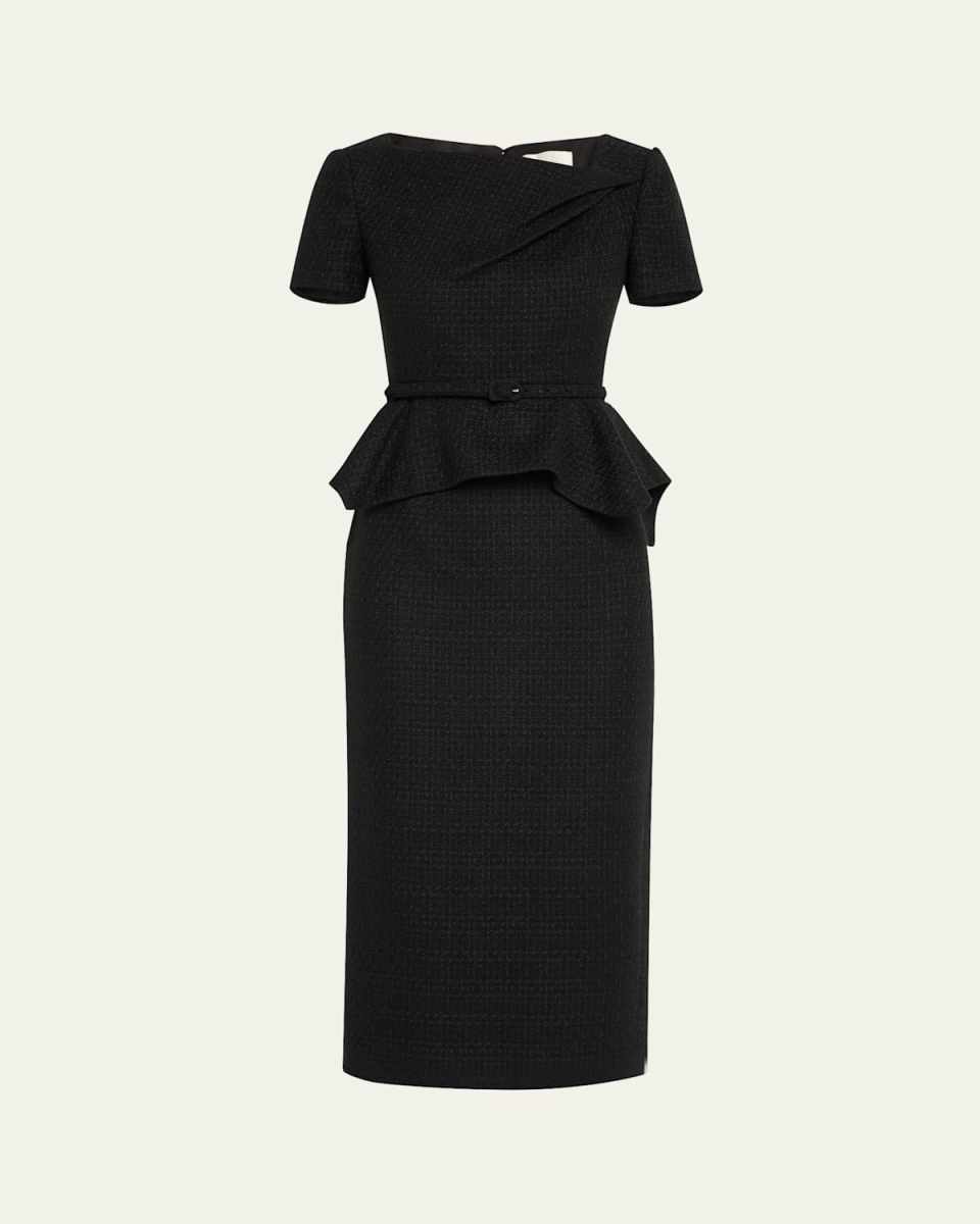 Asymmetric Twist Boucle Belted Peplum Midi Dress